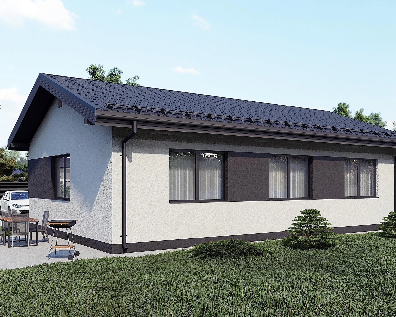 Проект компактного дома 82 м² — боковой вид с террасной зоной