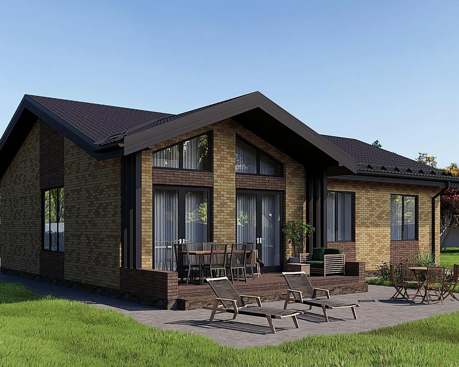 Проект просторного дома 108 м² — фасад с террасной зоной